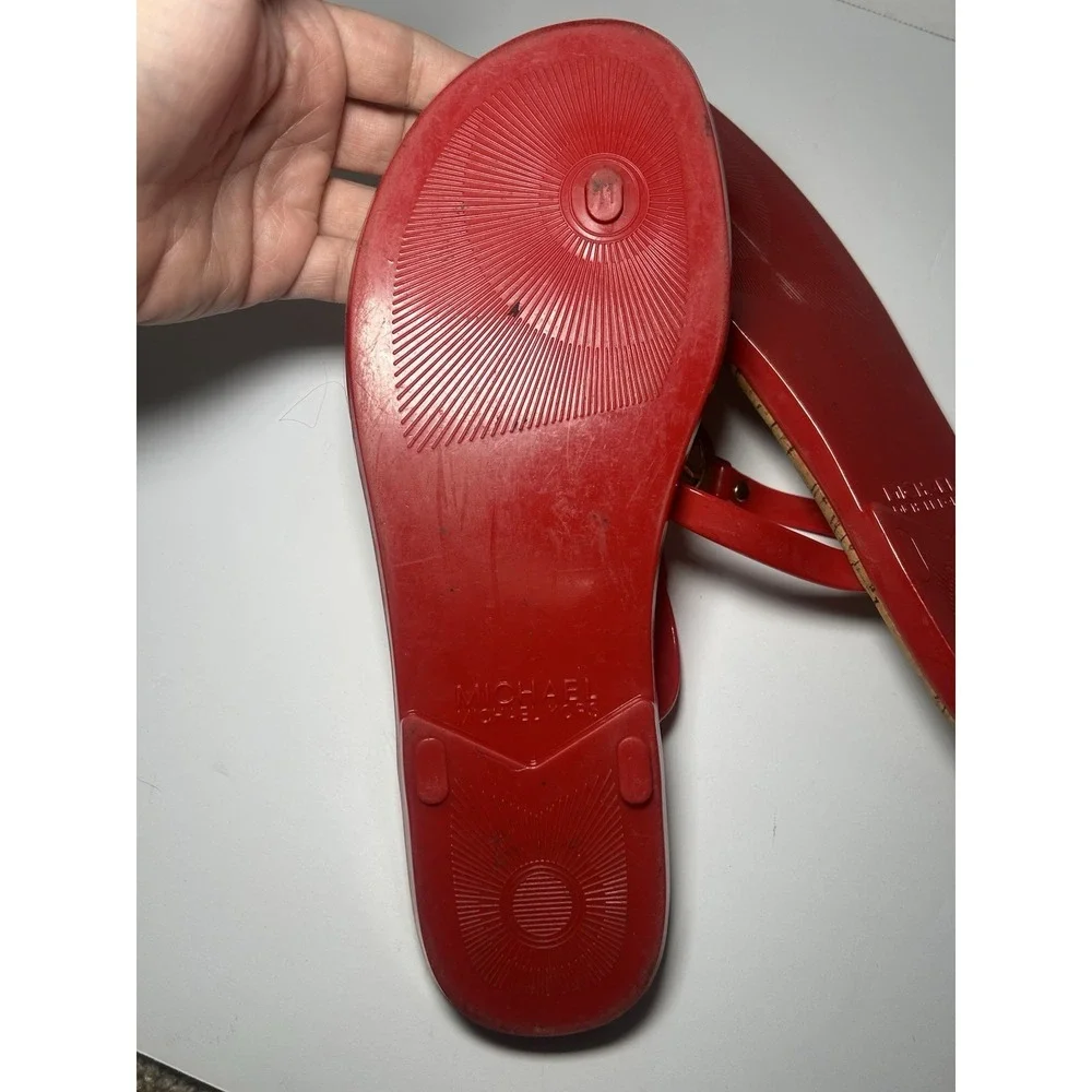 Michael Kors‎ Charm Jelly Women Thong Sandals Red Gold MK Logo Cork PVC Sz 11